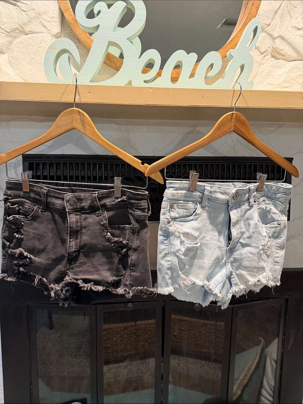 2 Pair American Eagle Outfitters Distressed Jean Shorts in Black and Light Blue